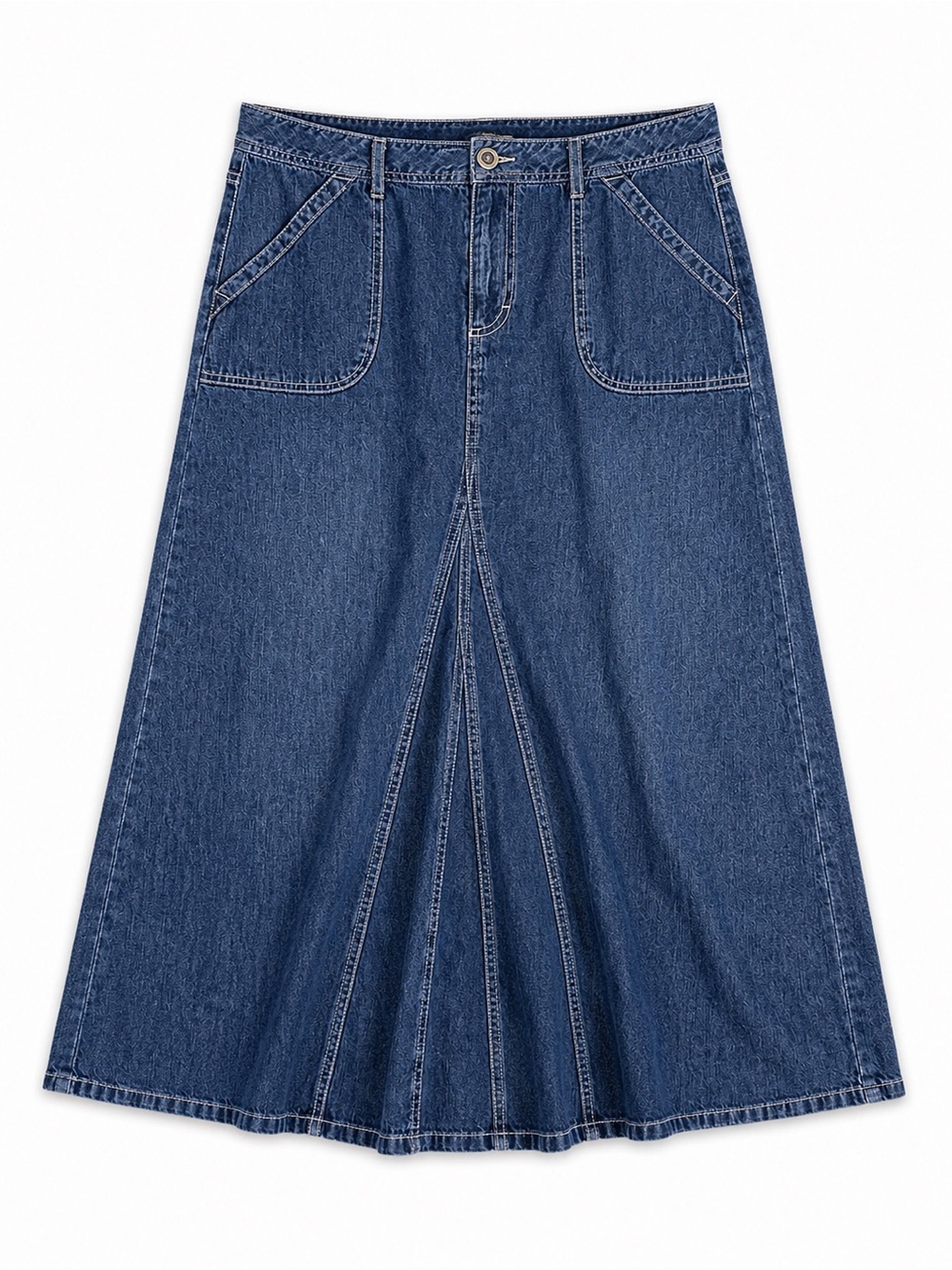 French Cuff Denim Maxi Skirt Size 12 Y2K Boho Godet Panel Dark Wash